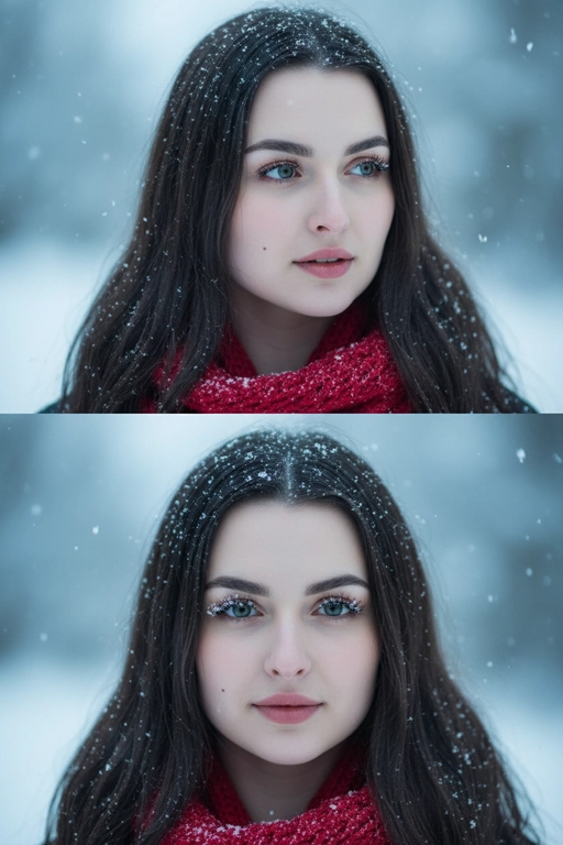 Создай коллаж из двух кадров человека, снятых крупным планом на улице зимой. Камера расположена близко, чтобы в кадре были видны лицо, шея и часть одежды. Главный акцент — на лице, глазах и снежинках, которые легли на волосы и ресницы.

Освещение мягкое, естественное, как в пасмурный зимний день. Вокруг падает лёгкий снег, отдельные снежинки чётко видны в воздухе и на коже. Фон — мягко размытый, с холодными оттенками (бело-голубой, серо-синий).

Первый кадр — человек смотрит в сторону, выражение мягкое, задумчивое, естественное. Крупный план лица, видно часть красного шарфа.
Второй кадр — прямой взгляд в камеру, нейтральное или лёгкое выражение лица, ресницы в снегу. Крупный план лица, видно часть красного шарфа.

Кожа чистая и естественная, без ретуши, текстура лица и губ сохранена. Фото выглядят как профессиональная зимняя портретная съёмка крупным планом, с эффектом свежести и спокойствия.

Оба кадра объединены в вертикальный коллаж в едином тоне и свете. Атмосфера — реалистичная, теплая и немного кинематографичная.