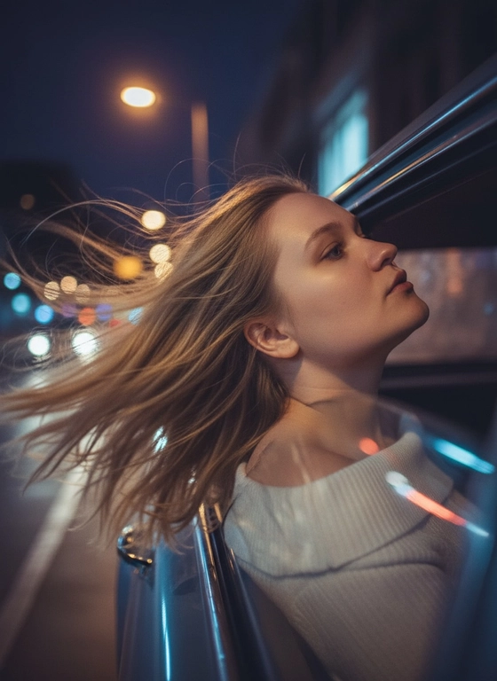 Создайте фото, где я высунула голову из окна машины в тёмную, мечтательную, размытую, винтажную ветреную ночь, в белом трикотажном топе с открытыми плечами. ракурс боковой. Голова чутка откинута назад. Машина в движении.  Выражение лица мечтательное, губы немного приоткрыты. Волосы развеваются в движении. Сохраните детали лица в точности. Пожалуйста, не изменяйте черты лица и оставь таким, какое оно есть.