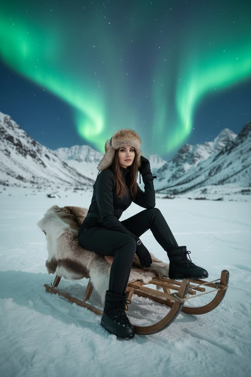 Используйте черты лица, как на прилагаемой фотографии. Создай фотореалистичный зимний кадр в стиле fashion-editorial: человек в белом пуховом комбинезоне, пушистой бежевой шапке-ушанке, белых перчатках и зимних ботинках (в стиле Moon Boot), видны волосы, человек уютно устроился в деревянных санях. На санях накидка из шкуры оленя.

Человек сидит в полоборота к зрителю, корпус слегка развёрнут вправо, голова чуть наклонена вперёд и немного влево, смотрит в камеру.
• Плечи расслаблены, линия плеч слегка наклонена: левое плечо (ближе к зрителю) визуально чуть ниже правого. Одна рука на колене. 
• Спина прямая или почти прямая, лёгкий естественный наклон вперёд. Ноги в естественном положении.

На фоне северное сияние над заснеженной долиной с горными хребтами.

Атмосферная и роскошная зимняя эстетика. Высокое разрешение, фотореализм, кинематографичная композиция. Холодный бирюзово-зелёный тон, киношный цветокор, высокое разрешение, реалистичная текстура меха и снега, аккуратные тени. Акцент на человека.   Цвет комбинезона, перчаток, ботинок - черный