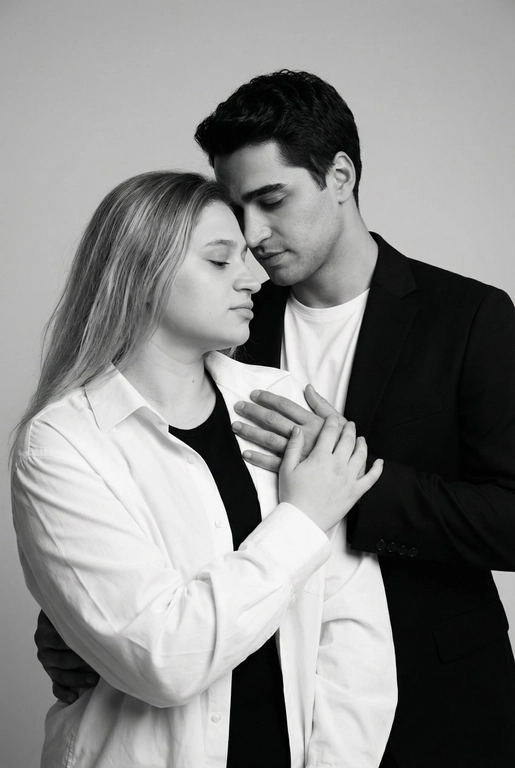 Черно-белый портрет мужчины и женщины в стиле фэшн фотосессии в фотостудии. Не изменяйте лица. Фон нейтральный, однотонный, светло-серый. Атмосфера интимная и спокойная. На переднем плане женщина. Вся композиция выполнена в приглушенной монохромной гамме со студийным освещением, которое подчеркивает текстуру кожи и одежды. Её руки лежат на груди мужчины. Мужчина обнимает женщину сзади, положив свою руку поверх её руки. Она одета в черный топ, белую оверсайз рубашку. Мужчина одет в  классическом черном пиджаке и белой футболке.