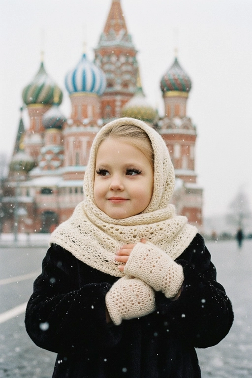 Не изменяйте черты лица. На фотографии портрет груди девушки. На ней чёрная шуба, плечи, голова и грудь обернуты светлым кружевным мохеровым шарфом. На ней также варежки из того же материала. Одна её рука касается другой, а ладони скрещены и мягко лежат на груди. Лицо девушки обращено к камере, взгляд направлен влево. На ней лёгкая задумчивая улыбка, ресницы густо накрашены. Фон — зимний, со снегом и собором Василия Блаженного в Москве. Фон сильно размыт. Идет снег. Легкий эффект холодной зернистости.