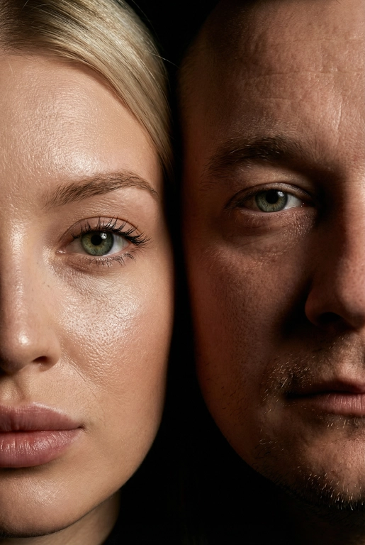   создай портрет, не меняя черты лица. Крупный план (extreme close-up) двух лиц людей, их лица прижатых друг к другу. Видны только половины каждого лица.
Драматичное освещение в стиле чиароскуро, глубокие тени.
Невероятная детализация кожи: видны поры, текстура, естественный блеск у женщины.
Выразительный взгляд прямо в камеру. Высокое разрешение, макросъемка, профессиональное студийное фото, 8K.