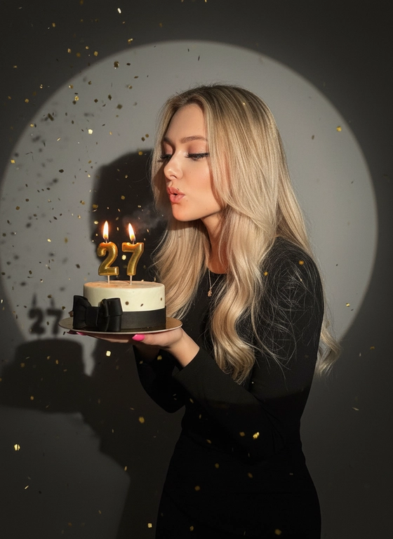 Фотореалистичный портрет женщины с точно таким же лицом, чертами, выражением и цветом волос, как на исходной фотографии - ничего не изменять. Атмосфера - день рождения: мягкий блеск свечи отражается на её лице, в воздухе лёгкие золотистые блёстки, создающие праздничное сияние. Фон темно-серый. Освещение студийное, контрастное, с кругом света на фоне, создающим выразительную тень. Волосы - волнистые, мягко подсвечены. Она немного стоит полубоком. Женщина держит в руках маленький праздничный торт, украшенным чёрными лентами и изящной цифрой из золотых свечей; Она сдувает свечу. Она одета в черное платье с рукавами. Свечки в виде цифр 27.