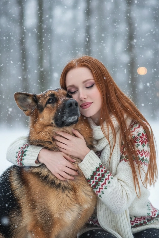 Соответствие лица: сохраняйте точные черты лица, структуру костей, разрез глаз, форму губ, текстуру кожи и оттенок по загруженной фотографии, максимально соответствует индивидуальности] -> Человек с мягкой улыбкой, полузакрытыми от счастья глазами -> нежно обнимает собаку, щека прижата к пушистой шее собаки, обе руки обвиты вокруг груди и шеи собаки, снежинки тают на шерсти и волосах., нежное, любящее выражение лица -> в кремово-белом толстом свитере скандинавской вязки с традиционным красно-зеленым рождественским рисунком на рукавах и воротнике,  в белом вязаном шарфе, свободно повязанном на шее -> на улице в сильный снегопад. В кадре видно морду собаки. Собака породы немецкая овчарка