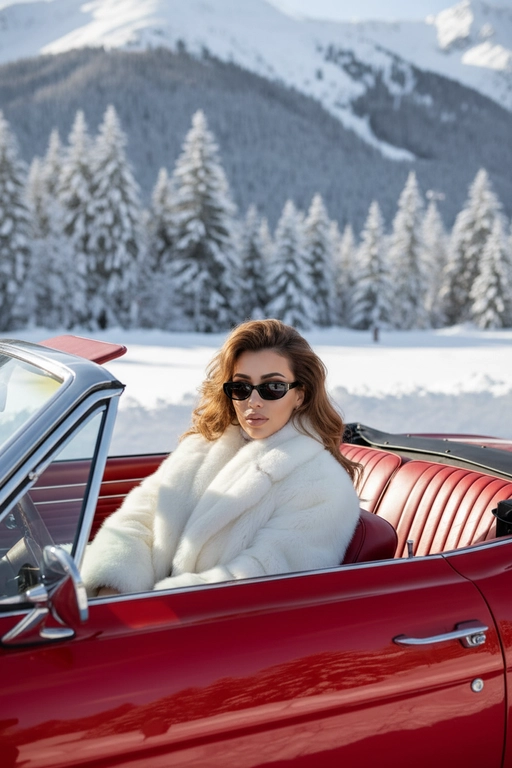 Создай изображение,  сохрани внешность и черты лица 
Фотореалистичное изображение роскошной женщины, сидящей в красном винтажном кабриолете с открытым верхом. Зима, вокруг заснеженный хвойный лес и горы. Женщина одета в огромную пушистую белую шубу и темные узкие солнцезащитные очки.  У нее объемная укладка с локонами в стиле супермоделей 90-х. Салон машины из красной кожи. Яркий дневной свет, глянцевая фотография, высокая детализация, эстетика "жены мафиози" (mob wife aesthetic), атмосфера курорта Куршевель.