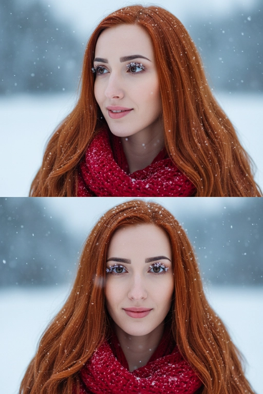 Создай коллаж из двух кадров человека, снятых крупным планом на улице зимой. Камера расположена близко, чтобы в кадре были видны лицо, шея и часть одежды. Главный акцент — на лице, глазах и снежинках, которые легли на волосы и ресницы.

Освещение мягкое, естественное, как в пасмурный зимний день. Вокруг падает лёгкий снег, отдельные снежинки чётко видны в воздухе и на коже. Фон — мягко размытый, с холодными оттенками (бело-голубой, серо-синий).

Первый кадр — человек смотрит в сторону, выражение мягкое, задумчивое, естественное. Крупный план лица, видно часть красного шарфа.
Второй кадр — прямой взгляд в камеру, нейтральное или лёгкое выражение лица, ресницы в снегу. Крупный план лица, видно часть красного шарфа.

Кожа чистая и естественная, без ретуши, текстура лица и губ сохранена. Фото выглядят как профессиональная зимняя портретная съёмка крупным планом, с эффектом свежести и спокойствия.

Оба кадра объединены в вертикальный коллаж в едином тоне и свете. Атмосфера — реалистичная, теплая и немного кинематографичная.