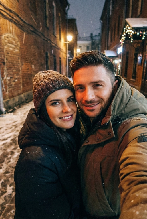 Спонтанное POV селфи людей на переднюю камеру iphone с близкого расстояния, глядя прямо в камеру. Сам телефон не виден. Ночь, зима, переулок в Москве. Фото темное, смазанное и реалистичное. Селфи с Сергеем Лазоревым