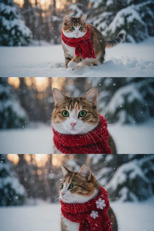     Коллаж из 3-Х фото моего питомца на зимнем фоне в снегу. Питомец в вязаном шарфе, вокруг падает снег, на заднем плане заснеженный лес.

Первый кадр — питомец в полный рост. Он играется со снегом 

Второй кадр — крупный план, увеличенный кадр мордочки питомца с одной снежинкой на носике. Мордочка питомца занимает весь кадр, взгляд прямо в камеру 
 
Третий кадр - портрет питомца, он смотрит в левую сторону. На фото виден шарф, на шарфу есть снежинки 

Три кадра объединены в вертикальный коллаж в едином тоне и свете. Атмосфера — реалистичная, теплая и немного кинематографичная.
Свет мягкий, утренний.  Цвет шарфа - красный 