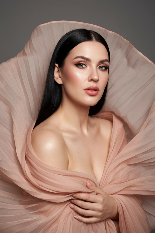    Создайте гиперреалистичный профессиональный студийный портрет женщины с волосами, уложенными на ровный пробор посередине, которые каскадом ниспадают на левое плечо (справа от зрителя) и частично скрыты за правым плечом (слева от зрителя). Камера снимается с немного низкого уровня глаз, глядя прямо на модель, охватывая ее от середины груди и выше. Голова слегка наклонена, взгляд прямой и притягательный.
Ее кожа безупречно гладкая и интенсивно сияет, словно подсвеченная мощным, сфокусированным источником света, подчеркивая мельчайшие поры и естественную текстуру кожи с сияющим, почти воздушным свечением, особенно в области декольте, плеч и верхних линий лица.

Её макияж тщательно проработан:
Глаза: чётко очерченные, ухоженные брови с заметными волосками, мягкие тени тёплых тонов (персиково-розовые и светло-коричневые) с лёгким мерцанием, чёткая чёрная подводка для глаз, создающая нежный кошачий взгляд, и идеально распущенные, объёмные ресницы, подчеркивающие каждую ресничку, с лёгким акцентом на нижних ресницах. Во внутреннем уголке глаза выделяется яркий блик. Радужки глаз отражают рассеянный студийный свет с изысканными узорами.
Щёки: лёгкий, растушёванный румянец натурального розового или персикового оттенка, изящно очерченные скулы и интенсивный, почти влажный блик на выступающих частях лица (скулы, переносица, дуга Купидона), создающий эффект увлажненности и сияния. Губы: губы нежного, естественного кораллово-розового или розово-персикового цвета с мягким атласным финишем, подчеркивающим тонкие естественные линии и текстуру губ, с лёгким бликом на дуге Купидона.

Она изящно одета в объёмную, струящуюся ткань с изящной плиссировкой, напоминающую прозрачный атлас или шёлк. Плиссированная ткань эффектно обрамляет фигуру, создавая объёмную, почти органичную форму, которая высоко поднимается за головой и огибает левое плечо (правое для зрителя), изящно струясь по груди и открывая обнажённые плечи. Материал обладает лёгким, сияющим блеском и мягкой полупрозрачностью, улавливая и отражая студийный свет, подчёркивая его роскошную текстуру и плавные движения. Складки очень детализированы, создавая глубокие тени и яркие блики, которые подчёркивают волнистую форму, а некоторые участки ткани также демонстрируют повышенную светоотражающую способность. Её правая рука (левая для зрителя) нежно касается ткани у груди, на ней видны ухоженные ногти. Освещение выполнено по принципу софтбокса, но с более сильным, концентрированным основным светом для создания интенсивного свечения, сохраняя при этом мягкие тени, которые подчёркивают черты её лица и изгибы плеч без резкости. Фон — гладкий, однотонный средне-серый, обеспечивающий чистый контраст и полностью фокусирующийся на модели. Общее впечатление — утончённая элегантность, изящество и гиперреалистичная детализация, передающая каждый нюанс её красоты, выражения лица и сложную текстуру её волос, кожи и одежды. Черты лица и особенности её внешности должны быть точно воспроизведены с референсной фотографии. Плиссированная ткань нежного, приглушённого персикового или пыльно-розового цвета