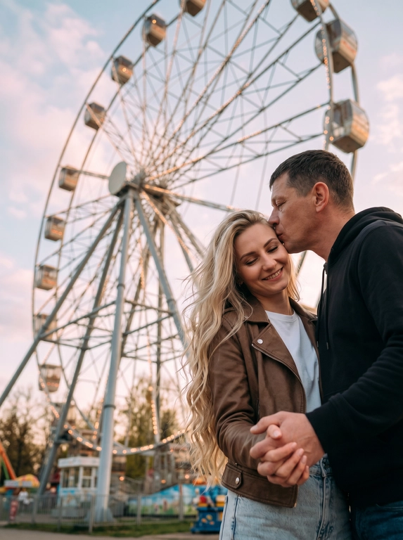 Ультра реалистичное и высококачественное 8К фото. Крупный план в низкой перспективе: пара обнимается и целуется на фоне огромного колеса обозрения в весеннем парке аттракционов, колесо занимает почти весь фон и уходит вверх по диагонали кадра, пара чуть смещена вправо по правилу третей, их фигуры в фокусе, задний план с мягким боке, неяркие огни кабинок и пастельное небо; одежда повседневная — у женщины белая футболка, коричневая мягкая кожаная куртка и светлые джинсы, у мужчины простое худи, поза интимная и естественная, руки крепко держат друг друга; Мужчина целует девушку в голову,она с нежной улыбкой прикрыла глаза. Волосы распущены и слегка развиваются от ветра. мягкий золотой свет «золотого часа» с контровым обрамлением волос и слабым бликом от солнца, тёплая кинематографичная цветокоррекция в тёплых тонах с лёгким teal‑orange контрастом и тонкой плёночной зернистостью для ностальгического настроения; стиль: романтическая кино портретная фотография, редакционный, высокое качество, натуральные текстуры кожи; камера: широкоугольный портрет 35 мм, объектив f/2.0, ISO 200, выдержка 1/250 с, небольшая глубина резкости, фокус на лицах и руках, натуральный шум, мягкая виньетка. Черты лица и цвет волос не должны быть изменены.