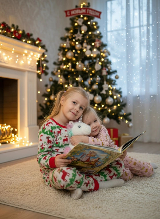 
Используй загруженное фото детей  как СТРОГИЙ РЕФЕРЕНС. Не изменяй ни малейшие черты лица, форму глаз, носа, губ, разрез глаз, веснушки или родинки. Сохрани 100% портретное сходство. Задача — только изменить обстановку, одежду и освещение в профессиональном фотостиле. Сцена: две девочки  5 лет и 2 лет в уютной пижаме с новогодним принтом сидит на мягком ковре  и старая девочка читает большую иллюстрированную книгу со сказками. Младшая сидит в обнимку с плюшевым единорогом белого цвета .Основной источник света — теплый, мягкий свет от гирлянды или имитация огня в камине, который подсвечивает лицо снизу, создавая уютные блики в глазах. Второй источник — холодный рассеянный свет от окна (за которым виден снег), падающий сбоку для объемности. Ребенок увлечен чтением, выражение лица спокойное, заинтересованное. На заднем плане новогодняя елка , и надпись с новым годом