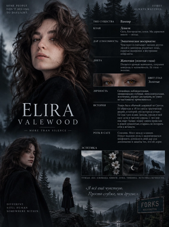 Создай cinematic character
poster в стиле официальных
фильмов Twilight Saga: мрачная атмосфера, лес Форкса, туман, холодная цветокоррекция и драматичный свет.
На постере текстом и визуально должны быть:
1. тип существа,
2. имя (не должно совпадать с именами героев канона) и фамилия персонажа,
3. описание личности,
4. история,
5. способности (если есть),
6. цвет глаз (если изменен, и отрази это во внешности)
7. клан/стая,
8. роль в саге,
9. эстетика персонажа,
Используя моё фото, создай образ персонажа и оформи результат как character dossier с инфографикой и в стиле
Twilight Saga.
1. Вампир: спокойствие, наблюдательность, эмоциональная глубина, интеллект, внутренняя дистанция и эстетичность.
2. Оборотень: эмоциональность, энергия, импульсивность, защитный характер, преданность и лидерство.
3. Человек: реалистичность, человечность, адаптивность, искренность и влияние на сюжет без сверхсил.
Если выбран вампир - укажи: клан, дар, историю обращения, диету и цвет глаз по канону («золотые» при животной диете, «красные» при человеческой).
Если выбран оборотень - укажи: стаю, роль в стае и историю первого обращения. У оборотней нет дара.
Если выбран человек - укажи: историю. всё на русском языке