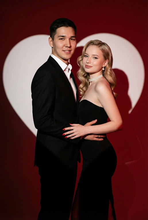 Фотореалистичный редакционный крупный портрет по пояс для пары по референсным фото. Мужчина и женщина позируют вместе, стоят близко. Мужчина одной рукой приобнимает женщину за талию. Фон: тёмно-красный студийный задник, большое белое сердце, проецируемое на стену. Сохранить внешность обоих: реальные черты лица, естественная текстура кожи, реальный цвет и длина волос, без ретуши и изменений. Женщина: облегающее чёрное вечернее платье без бретелей с небольшим разрезом, жемчужный чокер, жемчужные серьги, красный маникюр. Поза в три четверти, спина слегка выгнута, одна рука на поясе или касается руки мужчины. Лёгкая улыбка, взгляд в камеру. Мужчина: чёрный классический костюм, белая рубашка. Прямая осанка, уверенная поза. Взгляд в камеру, легкая улыбка. Свет: драматическое боковое студийное освещение, высокий контраст, чёткие тени на фоне. Композиция: вертикальный кадр по пояс, пара в центре, негативное пространство вокруг сердца. Стиль: фотореализм, модная редакционная съёмка, кинематографическая цветокоррекция (тёплые красные, глубокие чёрные), высокая детализация. Голливудская волна, пробор лёгкий боковой. Верхняя зона чуть приподнята у корней, концы — оформленные волной. 