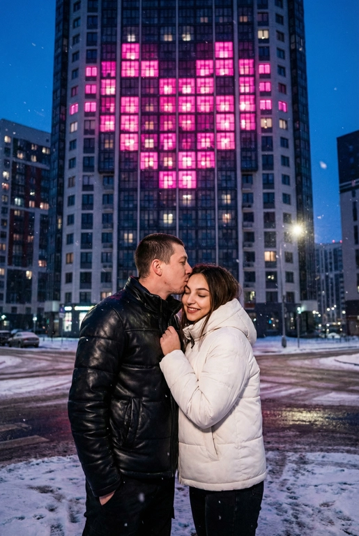  Создай не меняя черты лица. Романтический снимок пары, стоящей на заснеженной городской улице поздним вечером. Главный объект – крупный план пары: мужчина в черной кожаной дутой зимней куртке нежно целует женщину в белой дутой куртке в лоб, она стоит с прикрытыми глазами, улыбаясь. За ними возвышается массивный современный жилой небоскреб, на фасаде которого окна на нескольких этажах подсвечены ярким  светом, формируя огромное пиксельное сердце. Освещение драматичное, контрастное, с преобладанием холодных тонов в небе и тёплого, неонового розового свечения от здания. Снег на земле отражает свет. Урбанистическая, зимняя, кинематографическая фотография, атмосферный кадр.