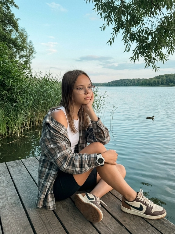 Постановочный портрет на деревянном пирсе у спокойного озера. С одной стороны кадра высокие камыши и густая зелёная листва, в верхний угол кадра свисает ветка дерева с листьями. Перед женщиной простирается спокойная гладь озера, вдали виден берег, покрытый деревьями, под бледно-голубым небом с мягкими белыми облаками. Вдалеке по поверхности воды плывёт утка. Естественный дневной свет со слегка прохладной цветовой палитрой с бирюзовым оттенком. Весь кадр полностью резкий, без размытия фона.

Поза:

Она сидит на самом краю деревянного пирса, подтянув обе ноги к себе. Одно колено поднято немного выше, второе расположено перед ним. Лодыжки свободно скрещены и подтянуты к корпусу. Корпус слегка развёрнут в сторону озера и немного наклонён вперёд. Одна рука согнута в локте, локоть опирается на поднятое колено, ладонь мягко поддерживает щёку. Вторая рука расслабленно лежит поверх второго колена, кисть естественно свисает вперёд. Голова слегка наклонена в сторону руки. Взгляд направлен вдаль на озеро. Поза выглядит спокойной, расслабленной и задумчивой, словно фотография была сделана в случайный момент отдыха у воды.

На запястье бело-чёрные спортивные часы с прочным массивным корпусом. Других украшений нет. 

Выражение лица спокойное и задумчивое. Губы мягко сомкнуты с лёгким естественным нейтральным выражением. Одна бровь расслаблена. Взгляд направлен в сторону озера, создавая ощущение глубокой задумчивости. Длинные густые объёмные ресницы с эффектом fox-eye.

губы с прозрачным нейтральным глянцевым блеском. Мягкие тени естественных нейтральных оттенков, аккуратно оформленные брови, лёгкий естественный контуринг. Кожа имеет ровный естественный загар. Ультрареалистичная текстура кожи с хорошо различимыми порами и естественным микрорельефом.

Камера и ракурс:

Постановочный, но выглядящий естественно снимок, сделанный с небольшого расстояния, камера расположена немного выше уровня глаз модели и слегка направлена вниз под естественным углом. Вертикальное кадрирование включает модель целиком в сидячей позе, деревянный пирс, озеро и противоположный лесистый берег. Композиция выглядит естественной, как случайно сделанная фотография на iPhone. Весь кадр полностью резкий, без размытия фона.

Стиль:

Реалистичная фотография, снятая на iPhone. Прохладная цветокоррекция с лёгким бирюзовым оттенком, приглушённые зелёные цвета и мягкие голубые оттенки неба, естественный контраст, лёгкое плёночное зерно, непринуждённая лайфстайл-эстетика, эстетика Pinterest, высокая детализация и ощущение настоящей фотографии из жизни.

Какая будет одежда?: На ней объёмная фланелевая рубашка свободного кроя, расстёгнутая и слегка спущенная с одного плеча, под ней лаконичная облегающая майка. Внизу короткие велосипедки из плотной матовой ткани. На ногах винтажные кожаные кроссовки с контрастными вставками и светлой подошвой. Образ выглядит непринуждённо, немного гранжево и естественно сочетается с деревянным пирсом и лесным озером.

Доп. характеристики: Худая фигура, 152 см рост