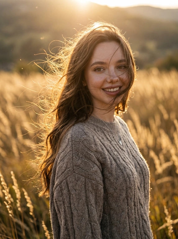 Создайте ИИ-портрет в поле на закате в плёночном стиле