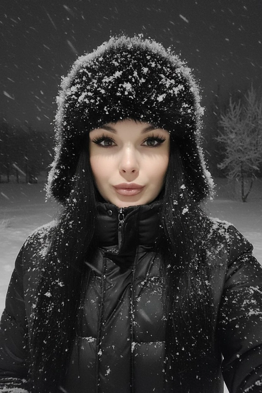 Селфи крупным планом, сделанное ночью на улице во время сильного снегопада. У женщины выразительные волосы и выразительные глаза, на ресницах и волосах которой лежат снежинки. На ней зимняя шапка из искусственного меха, почти полностью покрытая снегом, и пуховая куртка, припорошённая снегом на плечах и воротнике.
Освещение: мягкий холодный ночной свет сверху и немного спереди, создающий лёгкое свечение на щеках и лёгкие блики на куртке.
Поза: она держит камеру чуть ниже уровня глаз, уверенно снимая своё лицо снизу вверх; губы слегка приоткрыты, выражение лица спокойное, но выразительное. Фон: тёмное зимнее ночное небо, едва заметные ветви деревьев, слегка покрытые инеем, минимальная видимость для создания драматического настроения. Атмосфера: холодная, кинематографичная, с чистой зимней энергией; стильный современный снежный портрет с естественной текстурой и деталями. Шапка и куртка черного цвета.