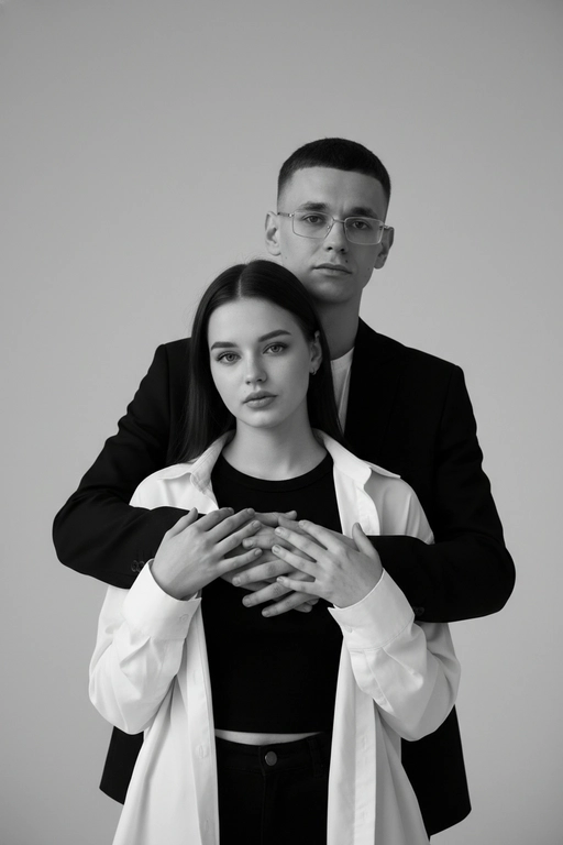 Черно-белый портрет мужчины и женщины в стиле фэшн фотосессии в фотостудии. Не изменяйте лица. Фон нейтральный, однотонный, светло-серый. Атмосфера интимная и спокойная. На переднем плане женщина. Вся композиция выполнена в приглушенной монохромной гамме со студийным освещением, которое подчеркивает текстуру кожи и одежды. Её руки лежат на груди мужчины. Мужчина обнимает женщину сзади, положив свою руку поверх её руки. Она одета в черный топ, белую оверсайз рубашку. Мужчина одет в  классическом черном пиджаке и белой футболке.
