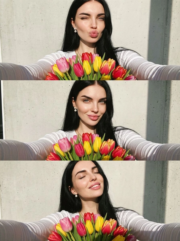 Селфи фронтальная камера, вертикальный коллаж 3 кадра (стопкой): белый топ с длинным рукавом, жемчужные серьги-гвоздики.
В каждом кадре огромный букет цветов. 1) duck face + подмигивание в камеру, 2) уверенная улыбка в камеру, 3) улыбка с закрытыми глазами, безмятежное счастье. Жёсткий солнечный свет справа, высокий контраст, резкие тени, светлая нейтральная текстурная стена, lifestyle aesthetic.

Какие будут цветы?: В каждом кадре огромный букет тюльпанов.
