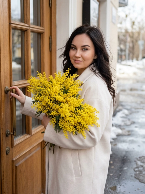 Сохранить черты лица и внешность, возраст, натуральный тон без ретуши. Средне-крупный план (от талии вверх), камера слева от женщины, лицо занимает не менее 35% кадра. Женщина стоит у входа в городское кафе с деревянной дверью и стеклянными вставками, корпус слегка развернут в 3/4 к камере. Лицом к двери, одной рукой держит ручку закрытой двери, другой прижимает к груди огромный пышный букет ярко-жёлтой мимозы. На ней элегантное светлое пальто (молочный оттенок), свободный крой. Волосы как на исходном фото слегка взъерошены ветром Мягкое выражение лица, лёгкая улыбка, взгляд в камеру. Атмосфера начала весны: тающий снег по краям улицы, влажный асфальт, мягкий рассеянный дневной свет, лёгкая прохлада в воздухе. Цветовая палитра нейтральная с ярким акцентом жёлтой мимозы. Фотореализм, натуральная текстура ткани и цветов, без HDR, без пластика, мягкий контраст, 35mm look.