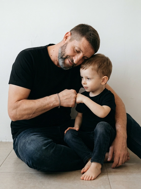 Это студийный портрет, выполненный в минималистичном стиле. Мужчина и ребёнок (мальчик) сидят на полу, прислонившись спиной к белой стене. Мужчина одет в черную футболку и темные джинсы, у него на запястье металлический браслет. Ребёнок одет в черную футболку и темные джинсы. Мальчику 3 года. Ребёнок сидит боком к камере, мужчина положил голову на его голову. Их кулаки соприкасаются в дружеском жесте. У ребёнка босые ноги. На полу плитка нейтрального цвета. Освещение мягкое и равномерное. Цветовая гамма приглушенная, с преобладанием нейтральных и темных тонов. Атмосфера фотографии теплая и душевная, передающая близость и любовь.