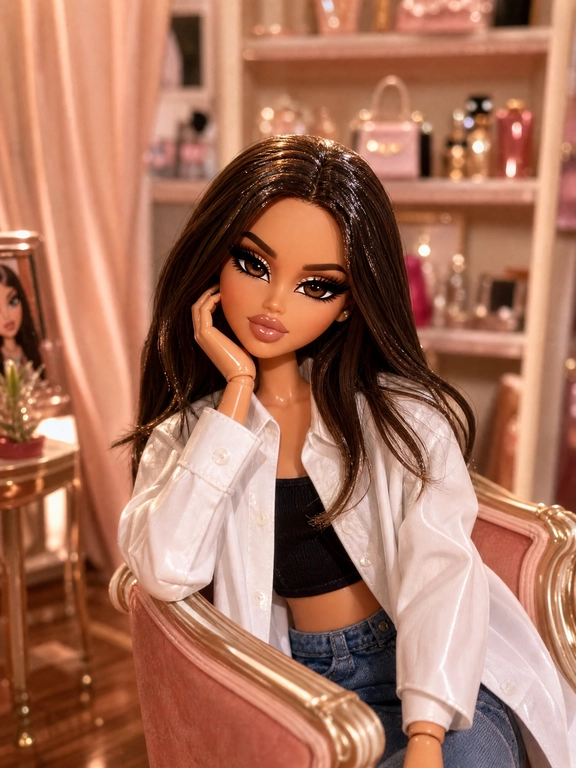 Edit image 1 only.  

Выберите стиль: ransform the entire photo into a stylized **Bratz doll** scene.  Keep the original composition, camera angle, framing, pose, gesture, facial expression, outfit, and scene layout recognizable. Keep the people and objects from image 1 clearly based on the original photo, but reinterpret everything in the iconic Bratz aesthetic.  Style: turn all people into highly detailed **Bratz-inspired fashion dolls**; retain recognizable identity while giving them signature Bratz proportions: slightly oversized heads, large almond-shaped eyes with dramatic lashes, full glossy lips, defined makeup, and sleek stylized facial features; smooth glossy vinyl skin with a premium collectible finish; long, voluminous, perfectly styled hair; fashion-forward, glamorous appearance while preserving the original outfit; include articulated doll construction where appropriate: visible toy joints at the shoulders, elbows, wrists, hips, knees, and ankles, molded hands, premium fashion doll look.  Environment: transform the entire environment into a luxury Bratz-scale miniature world; furniture, decor, props, and background should resemble an upscale dollhouse or collectible playset with miniature, highly detailed accessories; preserve the original location and all objects, but reinterpret everything as premium toy-world versions.  Rendering: ultra-realistic 3D collectible fashion doll aesthetic; high-quality glossy vinyl and plastic materials; soft cinematic lighting; clean reflections; premium toy-commercial quality; highly detailed miniature set design; everything should feel like an official Bratz collector display rather than a cartoon.  Important: do not create a random new scene; do not change the identity of the people; do not replace the outfit; do not heavily alter the pose or composition; the result must clearly match the original image while transforming every element into a Bratz-inspired collectible doll world.  Mood: stylish, glamorous, playful, fashionable, luxurious, premium toy-commercial aesthetic.