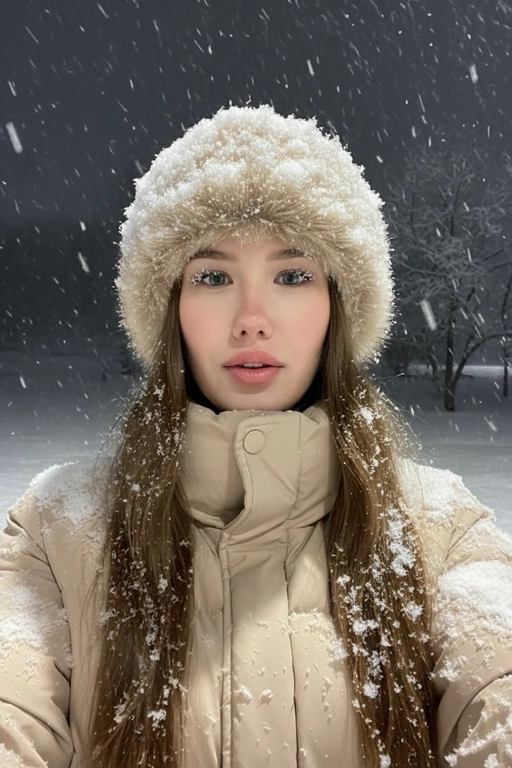 Селфи крупным планом, сделанное ночью на улице во время сильного снегопада. У женщины выразительные волосы и выразительные глаза, на ресницах и волосах которой лежат снежинки. На ней зимняя шапка из искусственного меха, почти полностью покрытая снегом, и пуховая куртка, припорошённая снегом на плечах и воротнике.
Освещение: мягкий холодный ночной свет сверху и немного спереди, создающий лёгкое свечение на щеках и лёгкие блики на куртке.
Поза: она держит камеру чуть ниже уровня глаз, уверенно снимая своё лицо снизу вверх; губы слегка приоткрыты, выражение лица спокойное, но выразительное. Фон: тёмное зимнее ночное небо, едва заметные ветви деревьев, слегка покрытые инеем, минимальная видимость для создания драматического настроения. Атмосфера: холодная, кинематографичная, с чистой зимней энергией; стильный современный снежный портрет с естественной текстурой и деталями. Не меняй волосы и черты лица. куртка бежевого цвета.
