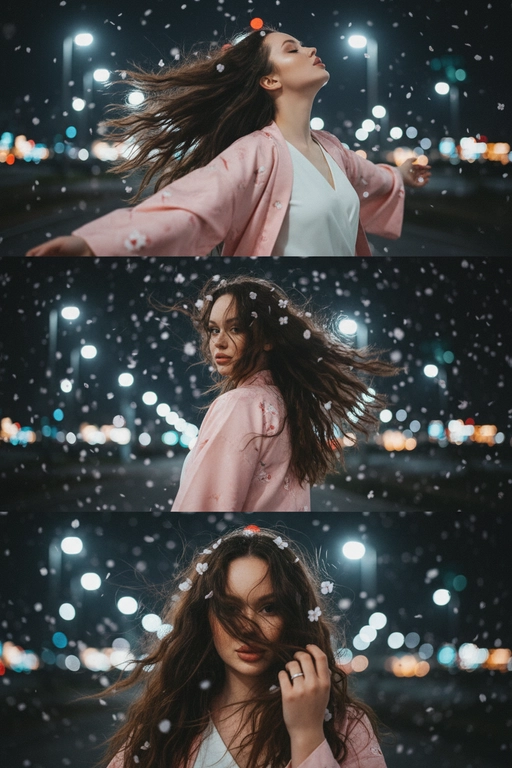 Не меняй черты лица, оставь их точь в точь как на загруженном фото. Фото в стиле триптиха, на котором изображена женщина в ночном городе.

На верхней панели изображена женщина по грудь, в профиль, расположенная в правой части кадра. Она запрокинула голову назад и закрыв глаза будто смотрит в небо разведя руки в стороны. Ее волосы развеваются на ветру закрывая лицо. На заднем плане ночной город полный ярких фонарей, где спокойно и нет людей, в небе развиваются от ветра листья сакуры . 

На средней панели изображена всё та же женщина со спины, смотрящая в кадр. На фоне все усыпано лепестками сакуры и они почти полностью перекрывают ночной город. Её волосы сильно развеваются на ветру в них запутались лепестки сакуры . 

На заднем плане нижней панели, крупным планом, изображено лицо всё той же женщины, частично скрытое развевающимися на ветру волосами в них немного лепестков сакуры, которая смотрит прямо на зрителя. Правой рукой она придерживает волосы, демонстрируя белое обручальное кольцо. 

Ночной Город и небо создают нейтральный, угрюмый фон для фотографии в натуралистическом стиле и при мягком освещении. Использовать лицо с фото на 100% , не изменяя черты лица. На девушке - белый топ и нежно-розовое хаори в японском стиле.