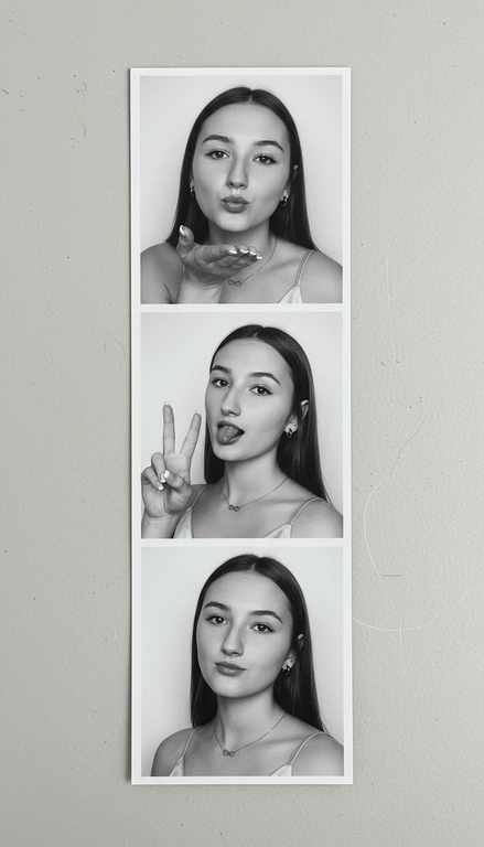  Используя мою фотографию в качестве референса для лица и волос, не изменяя исходные черты лица и сохраняя верность моим физическим характеристикам, создайте ленту из фотографий в ч/б с тремя вертикальными белыми рамками. Лента выглядит так, будто лежит на столе или фоне. Фотографии выглядят профессионально , как будто из настоящей фотобудки. 

В каждой рамке по центру расположены портрет и фотография погрудной проекции одного и того же человека. Взгляд прямо в камеру.

Общая эстетика винтажная, с лёгкой зернистостью и выцветшим качеством, напоминающая классическую аналоговую фотографию. Но при этом изображение выполнено в высоком разрешении. На светло-сером фоне видны едва заметные следы пыли и царапин. Лица человека на белом фоне. 
НЕ ИЗМЕНЯЙТЕ МОЁ ЛИЦО. На верхнем фото девушка посылает зрителю воздушный поцелуй, поднеся правую руку ко рту и слегка поджав губы. Выражение её лица игривое и дружелюбное.  На среднем фото девушка мило и игриво показывает знак мира, высунув язык. Брови слегка приподняты. На нижнем фото девушка позирует, отвернувшись к плечу, смотрит прямо в камеру с более спокойным и уверенным выражением лица. Губы мягко сжаты, взгляд прямой и чувственный. ОДЕЖДА: На ней маленькие серьги-кольца и изящное ожерелье с символом бесконечности поверх светлого атласного или шёлкового топа. На ней естественный макияж, включая глянцевый блеск для губ, лёгкую подводку для глаз и кукольные нарощенные ресницы, без излишеств. У неё квадратный французский маникюр. 