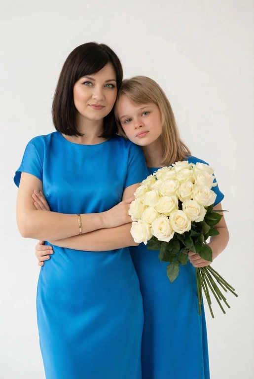 Используй эти два фото мамы и дочери и создай для них студийный портрет в чистом и элегантном стиле. Они стоят рядом, очень близко друг к другу. Дочь мягко обнимает маму за руку и слегка к ней прижимается со спины. Мама сложила руки перед грудью. Образ минималистичный, современный и стильный. На руке у матери тонкий золотой браслет. Профессиональный макияж и прическа.  Не менять черты лица ни на 1 процент. Фон — нейтральный серый с мягкой текстурой. Освещение рассеянное, мягкое, подчёркивающее естественные тона кожи. Атмосфера тёплая, нежная и спокойная, в стиле журнальной съёмки. Используй эти два фото мамы и дочери и создай для них студийный портрет в чистом и элегантном стиле. Они стоят рядом, очень близко друг к другу. Дочь мягко обнимает маму за руку и слегка к ней прижимается со спины. Мама сложила руки перед грудью. Образ минималистичный, современный и стильный. На руке у матери тонкий золотой браслет. Профессиональный макияж и прическа.  Не менять черты лица ни на 1 процент. Фон — белый студийный. Освещение рассеянное, мягкое, подчёркивающее естественные тона кожи. Атмосфера тёплая, нежная и спокойная, в стиле модной съёмки. Обе в стильных ярко голубых шелковых платьях. У дочки букет белых роз из 21 штуки 