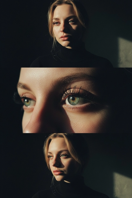Создай коллаже из 3-х кадров на основе внешности человека на фото. Верхний кадр: человек смотрит в камеру с лёгким наклоном головы. Один глаз в свете, другой в тени — эффект таинственности. Чёрная одежда усиливает драму. Тёмный фон с мягким светом , подчёркивает лицо. 
Центральный кадр (глаз): крупный супер чёткий план её глаза - ресницы, радужка, отражения. Взгляд прямой и глубокий. Фон полностью чёрный. 
Нижний кадр: интенсивный уверенный взгляд человека влево, голова тоже повернута влево. Чёрная одежда, тёмный фон. Жесткий боковой свет, подчёркивающий контуры лица и создающий драматичные тени. Стиль: raw, винтажная плёночная зернистость, драматизм.
