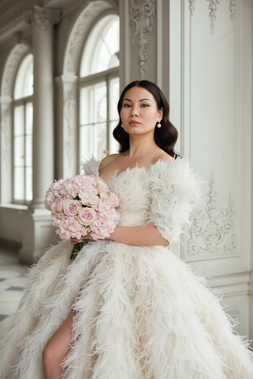 Создай крупный плечевой портрет, не меняя черты лица.Детальный крупный портрет элегантной женщины в эффектном, роскошном, модном платье. Женщина с волнистыми волосами. Одежда представляет собой объемное творение кутюр, полностью сделанное из больших, текстурированных, кремово-белых перьев, уложенного с открытыми плечами, чтобы обнажить декольте  Женщина стоит в динамичной, чувственной позе, прислонившись к белой классическому архитектурной стене. На ней серьги-гвоздики жемчужные . На заднем плане представлен грандиозный, классический интерьер/экстерьер - ярко-белая мраморная или лепная стена. Редакционное освещение, мягкое и рассеянное, подчеркивающее текстуру перьев и кожи.в руках букет. Высокое разрешение, сверхдетализация, модная фотография Букет из пудрово-розовых гортензий и роз