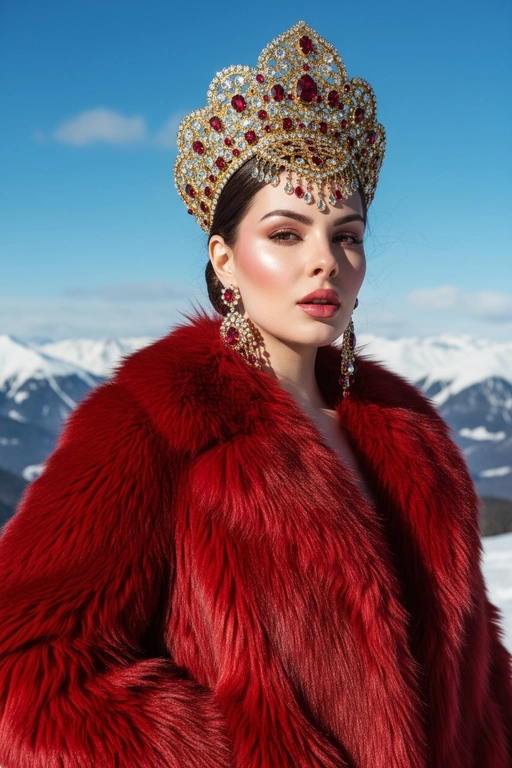 Создай портрет на открытом воздухе в стиле высокой моды, вдохновлённый редакционной фотографией Vogue. Человек элегантно позирует на фоне заснеженных гор под ярким солнечным светом. На заднем плане кинематографический альпийский пейзаж с чистым небом и свежим воздухом. Модель одета в роскошную красную шубу с плотной текстурой, украшенная детализированным ювелирным головным убором похожий на кокошник и подходящими серьгами, которые сверкают на свету. Кожа светящаяся, губы слегка приоткрыты, макияж с ярким румянцем и глянцевым финишем. Освещение яркое, насыщенное и кинематографическое, подчёркивающее контраст между красной шубой и холодными тонами заснеженных гор. Стиль: мода Vogue, высокая мода, ультрареализм, богатая цветовая палитра, разрешение 8К, естественный солнечный.