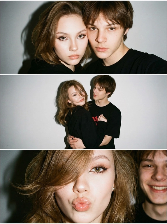 Вертикальный триптих-коллаж из трёх кадров в эстетике глянцевых журналов 2000-х и Y2K. В кадре мужчина и женщина позируют на нейтральном светлом фоне. Жёсткая фронтальная вспышка создаёт резкие тени на стене позади и лёгкий пересвет кожи, характерный для цифровых камер начала 2000-х.
У женщины объёмная укладка, волосы уложены на брашинг. Макияж — «лисичий» взгляд, длинные выразительные ресницы, подчеркнутые внешние уголки глаз, глянцевые губы. Атмосфера — гламурная, слегка дерзкая, как в поп-культуре начала 2000-х.
Кадры коллажа:
Верхний кадр — крупный план. Мужчина и женщина стоят очень близко к камере, почти заполняют весь кадр. Они смотрят прямо в объектив с серьёзным, уверенным выражением лица. Резкая вспышка создаёт плотные тени за их фигурами на стене.
Средний кадр — средний план. Женщина развёрнута корпусом в сторону, голова кокетливо повернута к камере. Прядь волос частично закрывает часть лица. Мужчина стоит позади и обнимает её за талию, смотрит на девушку.
Нижний кадр — очень крупный план. Лицо женщины почти вплотную к камере. Волосы уложены на бок и закрывают левый глаз. Она делает губы «бантиком» и смотрит прямо в объектив. Рядом мужчина, он улыбается.
Минималистичная композиция, крупные и средние планы. Винтажная цифровая текстура, лёгкая мягкая размытость, характерная для камер начала 2000-х, глянцевая Y2K атмосфера.
