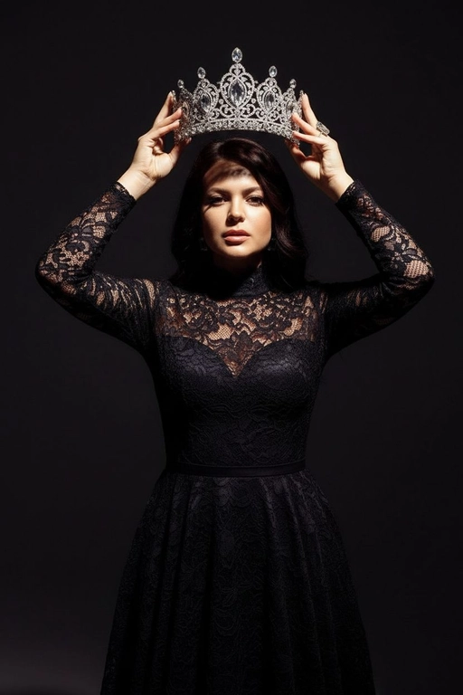 Модный портрет женщины крупным планом, стоящей прямо перед камерой, со слегка приподнятым подбородком. Она держит двумя руками почти над головой искусно выполненную корону с богатым филигранным орнаментом и крупными сверкающими драгоценными камнями. Корона находится в резком фокусе, отбрасывая тень на лицо. Освещение падает сверху, подчёркивая корону и создавая драматичный, контрастный эффект. Тёмная тень на лице усиливает ощущение таинственности и элегантности. Её платье – из тонкого чёрного кружева с высоким воротом. Фон темный, усиливая драматизм. Корона цвета белого золота.