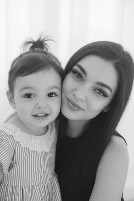Сверхреалистичная черно-белая художественная фотография 8K женщины и ребенка, снятая очень крупным планом, щека к щеке так что видны только правая половина лица женщины и левая половина лица ребенка. которые смотрят в камеру. Их лица расположены рядом, почти соприкасаясь, образуя идеально сбалансированную симметричную композицию. Каждая деталь передана с фотографической точностью: тонкая текстура кожи и плавные градиенты света и тени. Видимая половина женщины включает ее бровь, один глаз , часть ее носа, щеку и губы, слегка приоткрытые в нежной, естественной улыбке, Видимая половина ребенка включает один глаз , круглую мягкую щеку, часть носа и небольшую улыбку, Фон белый и слегка размытый, что подчеркивает эмоциональную близость между ними. Освещение мягкое и рассеянное, создает деликатный контраст и тональную глубину. На снимке запечатлены нежность, близость и связь между матерью и ребенком, запечатленные с потрясающей реалистичностью. Не меняй черты лиц. 