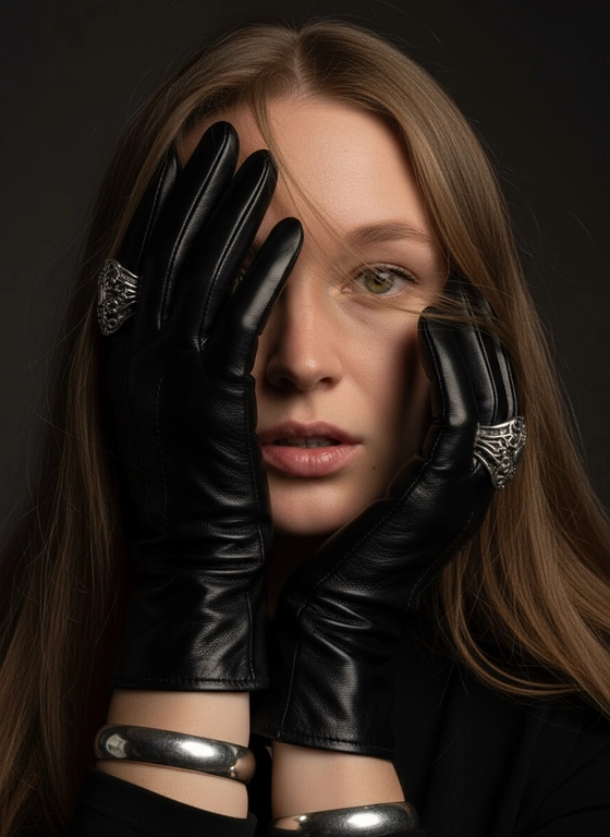 Модный портрет женщины, крупным планом,  в черных кожаных перчатках.  Руки частично заслоняют лицо. Перчатки создают интригующую композицию: одна рука закрывает часть лица, а другая лежит на противоположной стороне, тонко обрамляя нежные черты модели. Губы женщины видны, слегка приоткрыты, глаза открыты, голова слегка наклонена вперед. Несколько прядей волос свободно падают на ее лицо, добавляя ощущение движения. Текстура кожи очень детализирована, демонстрируя поры ее лица. Перчатки блестящие и плотно прилегающие, с тонкими, замысловатыми деталями. Серебрянные массивные кольца видны на пальцах, усиливая ощущение роскоши, а серебрянные браслеты обхватывают запястья. Мягкое, но драматичное освещение подчеркивает текстуру перчаток и кожи, создавая поразительный контраст на темном, мрачном фоне. Общая атмосфера интимная, элегантная и изысканная.