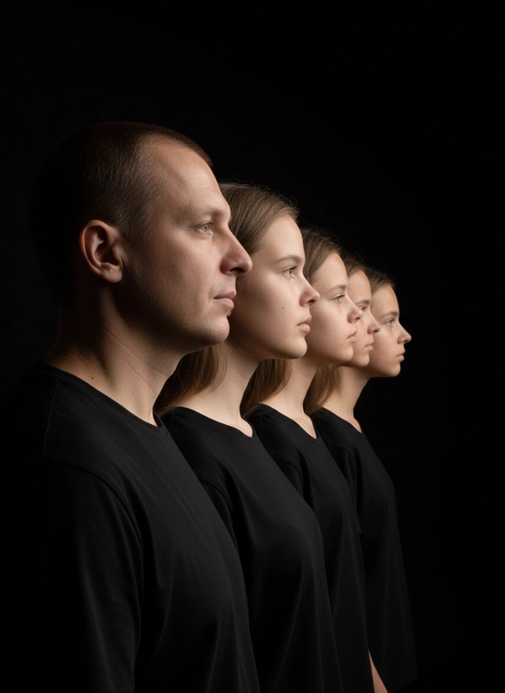 Профессиональный студийный портрет с низким контрастным светом. Головы расположены строго в одну линию, каскадом. боковой профиль, взгляд влево. У всех видны только головы и немного плечи. Черный фон. Черная одежда у всех. Люди занимают весь кадр. 5 человека. Порядок слева на право: отец-> мать-> старшая дочь -> средняя дочь -> младшая дочь. Строго в одну линию, боковой профиль, взгляд влево.У всех видны только головы и плечи. Чёрный фон.
Черная одежда у всех.
Профессиональный студийный портрет с низким контрастным светом.
