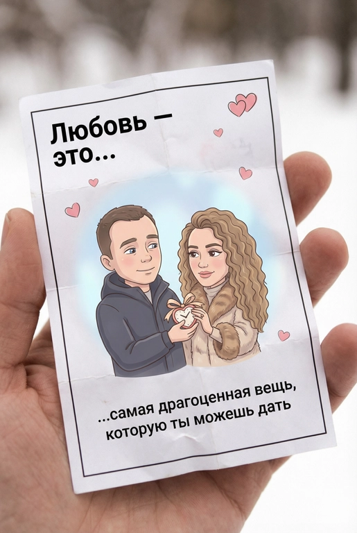 Сгенерируй фотографию крупным планом, сделанную при естественном освещении. В кадре видна рука, держащая небольшой бумажный вкладыш (наклейка) как из упаковки жевательной резинки. На пакетике напечатан рисунок (иллюстрация). Вкладыш (наклейка) немного помят. Акцент на вкладыш (наклейку). 

Описание вкладыша (наклейки):
Чистый белый фон. Тонкая чёрная рамка по всему периметру наклейки.
В левом верхнем углу крупная надпись чёрным шрифтом: «Любовь — это…»
Вокруг — небольшие розовые сердечки, минималистичные, аккуратно расставленные.

В центре — небольшая иллюстрация: мягкие линии, простые формы, мультяшные пропорции, пастельные цвета. Романтическая минималистичная cartoon-иллюстрация.

Нежная романтичная сцена. 

Персонажи иллюстрации: мужчина и женщина — это реальные люди с загруженной фотографии или фотографий. Использовать ТОЧНОЕ сходство лиц с реальными людьми с загруженного фото или фотографий:
узнаваемые черты лица, форма глаз, носа, губ, без изменения внешности, приоритет портретного сходства.
Иллюстрация должна быть выполнена по их внешности, с сохранением узнаваемости лиц, причёсок и пропорций.

За ними — мягкое размытое бледно-голубое световое пятно, пастельный градиент без резких краёв. Создаёт тёплый фон и визуально выделяет иллюстрацию.

Сюжет иллюстрации визуально отражает смысл подписи. 

Под иллюстрацией — подпись чёрным шрифтом, как в оригинальных вкладышах жвачек. 

Общее настроение: романтика, нежность, уют, ощущение влюблённости и лёгкой сказки.
Стиль — без реализма, с наивной и трогательной подачей. Сюжет: Мужчина протягивает девушке часы в форме сердце, перевязанное ленточкой — символ времени, внимания и заботы. Взгляды мягкие и искренние. Подпись: …самая драгоценная вещь, которую ты можешь дать 
