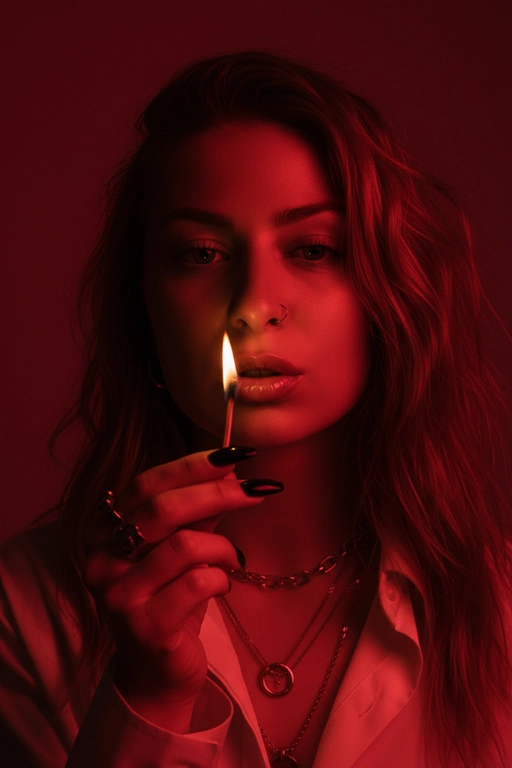 Используйте черты лица, как на прилагаемой фотографии.
смелый, кинематографичный портрет женщины, залитой темно-красным светом, которая подносит к губам зажженную спичку. Теплый отблеск пламени подчеркивает ее блестящие губы и создает эффектный отблеск на коже.
ее выражение ее лица напряженное и пленительное, обрамленное взъерошенными волосами, которые свободно ниспадают на лицо. На ней светлая рубашка и многослойные украшения, в том числе металлическая цепочка и крупные кольца. На ее длинных черных ногтях отражаются едва заметные блики света, усиливая мрачную, чувственную атмосферу. Красный фон и сдержанные тени придают глубину и визуальное напряжение, создавая эффектный образ в редакционном стиле.

Настройки камеры: iso 400, диафрагма f/2.0, выдержка затвора 1/160 сек, объектив 85 мм, ручная фокусировка, баланс белого 2800k, коррекция экспозиции -0,3 ev, подсветка одиночным пламенем с красной заливкой, минимальная зернистость, кинематографическое высококонтрастное освещение с плавными тональными переходами.