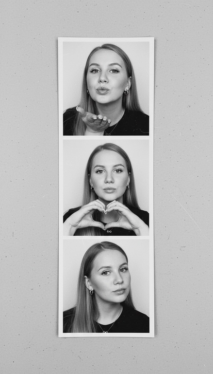  Используя мою фотографию в качестве референса для лица и волос, не изменяя исходные черты лица и сохраняя верность моим физическим характеристикам, создайте ленту из фотографий в ч/б с тремя вертикальными белыми рамками. Лента выглядит так, будто лежит на столе или фоне. Фотографии выглядят профессионально , как будто из настоящей фотобудки. 

В каждой рамке по центру расположены портрет и фотография погрудной проекции одного и того же человека. Взгляд прямо в камеру.

Общая эстетика винтажная, с лёгкой зернистостью и выцветшим качеством, напоминающая классическую аналоговую фотографию. Но при этом изображение выполнено в высоком разрешении. На светло-сером фоне видны едва заметные следы пыли и царапин. Лица человека на белом фоне. 
НЕ ИЗМЕНЯЙТЕ МОЁ ЛИЦО. На верхнем фото девушка посылает зрителю воздушный поцелуй, поднеся правую руку ко рту и слегка поджав губы. Выражение её лица игривое и дружелюбное.  На среднем фото девушка мило и игриво показывает знак ми


Сердечко пальцами. Брови слегка приподняты. На нижнем фото девушка позирует, отвернувшись к плечу, смотрит прямо в камеру с более спокойным и уверенным выражением лица. Губы мягко сжаты, взгляд прямой и чувственный. ОДЕЖДА: На ней маленькие серьги-кольца и изящное ожерелье с символом бесконечности в черной рубашки. На ней естественный макияж, включая глянцевый блеск для губ, лёгкую подводку для глаз и кукольные нарощенные ресницы, без излишеств. У неё квадратный французский маникюр. 