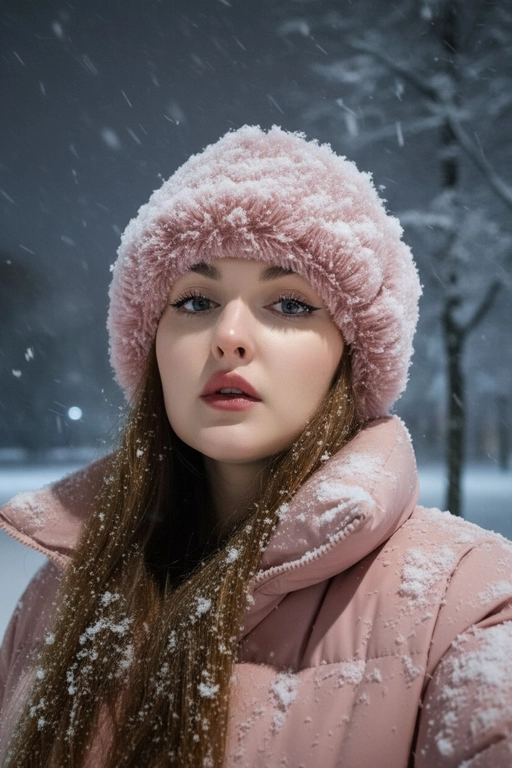 Селфи крупным планом, сделанное ночью на улице во время сильного снегопада. У женщины выразительные волосы и выразительные глаза, на ресницах и волосах которой лежат снежинки. На ней зимняя шапка из искусственного меха, почти полностью покрытая снегом, и пуховая куртка, припорошённая снегом на плечах и воротнике.
Освещение: мягкий холодный ночной свет сверху и немного спереди, создающий лёгкое свечение на щеках и лёгкие блики на куртке.
Поза: она держит камеру чуть ниже уровня глаз, уверенно снимая своё лицо снизу вверх; губы слегка приоткрыты, выражение лица спокойное, но выразительное. Фон: тёмное зимнее ночное небо, едва заметные ветви деревьев, слегка покрытые инеем, минимальная видимость для создания драматического настроения. Атмосфера: холодная, кинематографичная, с чистой зимней энергией; стильный современный снежный портрет с естественной текстурой и деталями. Шапка и куртка розового цвета.