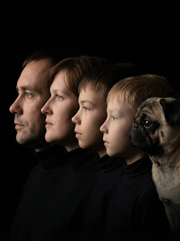 Профессиональный студийный портрет с низким контрастным светом. Головы расположены строго в одну линию. боковой профиль, взгляд влево. У всех видны только головы и немного плечи. Головы занимают весь кадр. Черный фон. Черная одежда у всех. Расположи их в таком порядке,собака последняя
