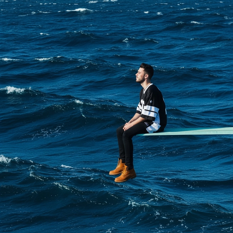 a square-format album cover scene of alone subject [person in the image] sitting in relax profile on a very tip of a white spring diving board that just in from frame right over a vast ocean no horizon or land visible only layered layer choppy wave felling the frame; subject where's an oversized black and white athletic, jersey black pants timberland land brown boots; composition matches precisely the subject is placed on the right third camera at eye level three quarter profile facing frame left with chin slightly lifted leg dangling hands resting on the kness and the diving board nearly horizontal as a clean leading line; see color tones are dominant with specific; deep indigo base with Prussian blue mid-tons, teal cyan highlights on waves crests, cool slight blue shadows and near black black through with subtle silver specular glints overall cool blue hour pallette lightning is soft.