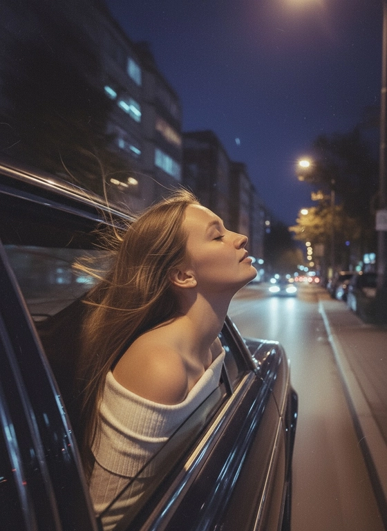 Создайте фото, где я высунула голову из окна машины в тёмную, мечтательную, размытую, винтажную ветреную ночь, в белом трикотажном топе с открытыми плечами. ракурс боковой. Голова чутка откинута назад. Машина в движении.  Выражение лица мечтательное, губы немного приоткрыты. Волосы развеваются в движении. Сохраните детали лица в точности. Пожалуйста, не изменяйте черты лица и оставь таким, какое оно есть.
