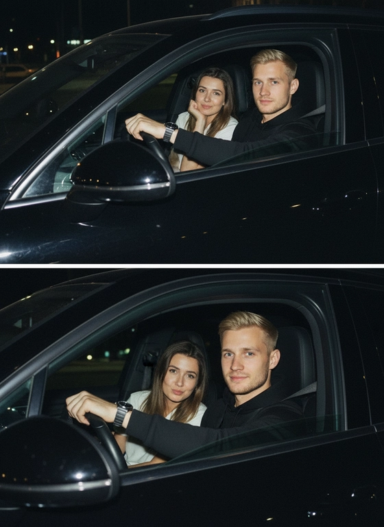 Используй предоставленные изображения и создай коллаж из двух фото, одно под другим. Первое фото сверху: Ночное фото в салоне автомобиля: мужчина за рулем смотрит вперед, его рука с часами на руке. Женщина на пассажирском сиденье, слушает его подперев щеку рукой. Съемка в стиле папарацци с эффектом зернистой пленки, атмосфера интимная. Второе фото: Девушка и парень смотрят в камеру Ночное фото папарацци крупным планом: мужчина за рулём и женщина на пассажирском сиденье смотрят в камеру. Женщина с ухмылкой и губами бантиком, мужчина слегка улыбается, положив руку на руль. Съёмка через пассажирское окно, сочетание ночного света и вспышки, эффект зернистой плёнки.