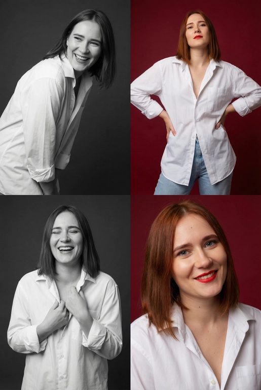 Коллаж из четырёх студийных портретов одной женщины, расположенных в сетке 2×2. Не меняй внешность, цвет и текстуру волос. Все кадры сняты в модном editorial-стиле. Образ — естественная красота, лёгкая небрежность, живые эмоции.
Женщина имеет естественный макияж с акцентом на красные губы. На ней белая очень свободная рубашка мужского кроя на несколько размеров больше, частично расстёгнутая, подчёркивающая линию декольте. В отдельных кадрах она слегка придерживает рубашку руками.
Эмоции и позы:
Верхний левый кадр — чёрно-белый, она наклоняется вперёд, смеётся, взгляд в сторону, живой момент.
Верхний правый — цветной, красный студийный фон, руки на бёдрах, уверенный фэшн-портрет. Снято с нижнего ракурса. Видно часть ее светлых джинс.
Нижний левый — чёрно-белый, она смеётся с закрытыми глазами, держит рубашку у груди, расслабленная поза.
Нижний правый — цветной, крупный портрет, легкая улыбка, слегка наклонила голову в сторону, тёплая улыбка, акцент на губах.
Фон: для цветных кадров — глубокий красный студийный фон, для чёрно-белых — нейтральный тёмный фон.
Освещение: мягкий студийный свет, подчёркивающий текстуру кожи, волосы и складки рубашки. Без жёстких теней.
Композиция: кадры слегка разные по ракурсу, создают ощущение живой съёмки backstage.
Стиль: fashion editorial, lifestyle, natural sexy, cinematic soft light, analog photo vibe, magazine photoshoot, ultra realistic, high detail, skin texture visible, 8k. Волосы распущены и уложены в объемную естественную укладку
