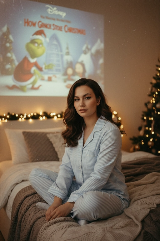 Атмосферный портрет человека, сидящий на кровати в уютной комнате. Не меняй черты лица ни на 1%. Человек смотрит в камеру. На человеке хлопковая голубая пижама в белую полоску. 
Теплое освещение от мерцающих гирлянд и рождественской ёлки. На заднем плане - проекция с фильмом или мультфильмом создающая нотку ностальгии.
Кинематографичный кадр, малая глубина резкости, волшебная и уютная атмосфера. Фото в стиле 90-х, ретро -фильтр. Зернистость Мультфильм - Disney "Гринч новогодний".