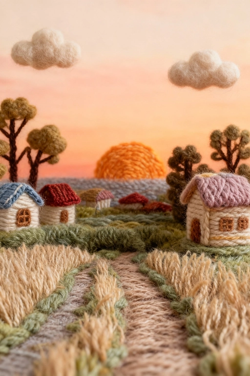 Используя загруженное изображение в качестве основы, создайте произведение искусства из ниток своими руками — диораму из пряжи и фетра. Макросъёмка, мягкий рассеянный свет, пастельная палитра, высокая детализация волокон и стежков, уютная, сказочная атмосфера и слегка уменьшенный масштаб, как в диораме. Если на фото изображены люди - изобрази их в стиле вязаных человечков с глазами-пуговицами.