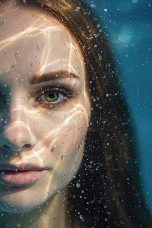 Гиперреалистичный, сверхдетализированный
макропортрет, на котором запечатлена только левая половина человеческого лица, погруженного под воду. Один глаз находится в резком фокусе у крайнего левого края кадра. Лучи света создают динамичные блики на коже, подчеркивая поры, влажные губы, ресницы и тонкие текстуры, создавая эффект реалистичного рассеивания под поверхностью. Капли и пузырьки воздуха придают глубину и подвижность.
Кинематографическое подводное освещение с мягкими тенями и четкими бликами усиливает сюрреалистическую, сказочную атмосферу.
Чрезвычайно малая глубина резкости, фотореалистичный рендеринг. Не меняй внешность, полностью сохрани черты лица.